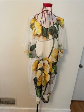 Women's White Midi Dress with Yellow Floral Print
